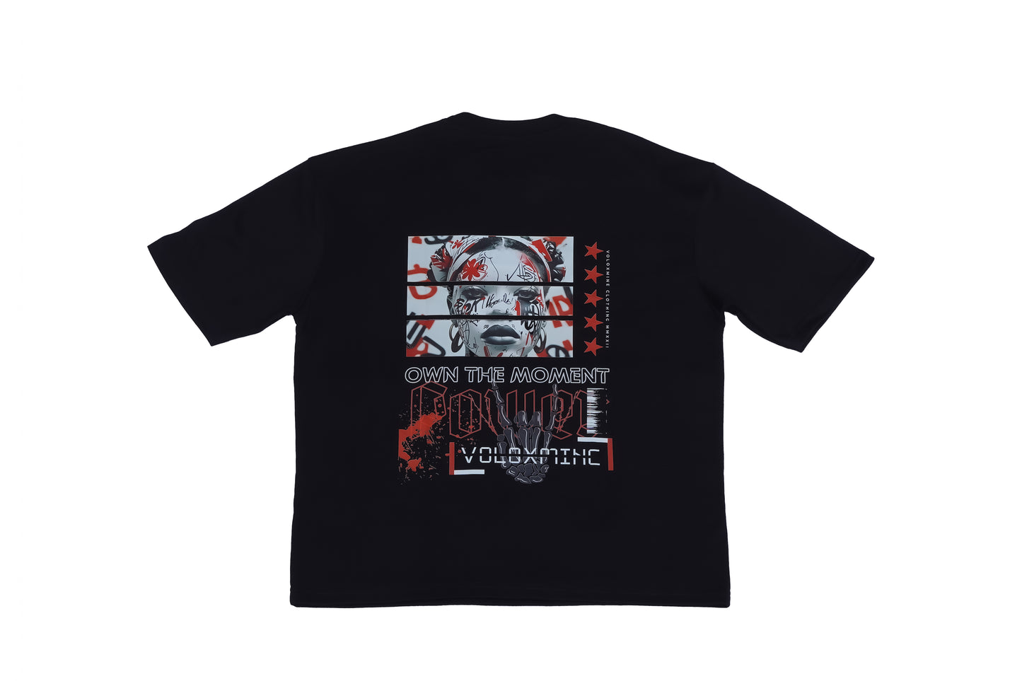 A black oversized T-shirt featuring a colorful graphic design with abstract patterns and text on the back, displayed against a white background.