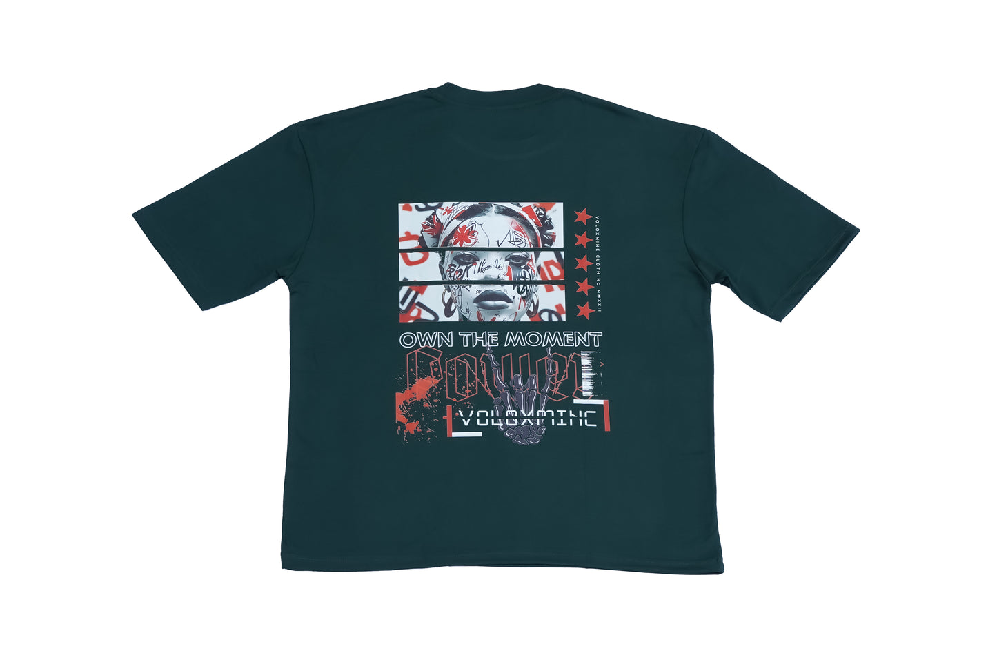 A dark green oversized T-shirt with a graphic design on the back, displayed against a white background.