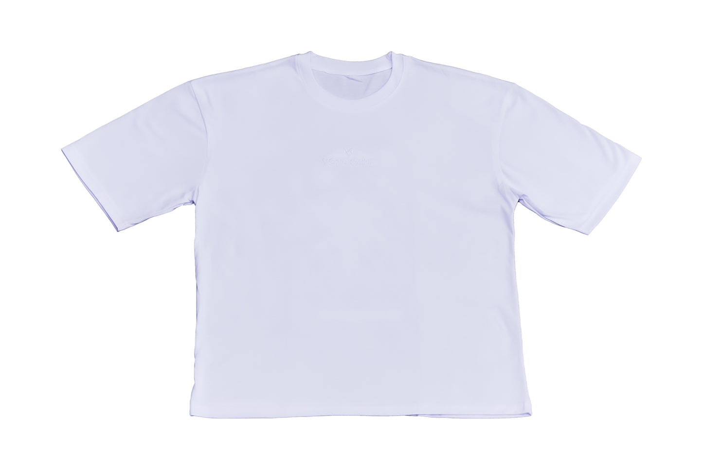A white oversized T-shirt with a small logo on the front, displayed against a white background