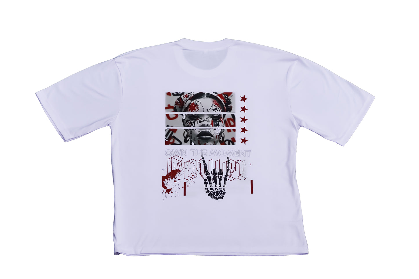 A white oversized T-shirt with a graphic design on the back, displayed against a white background.