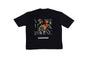 Black Voloxmine t-shirt featuring an intricate floral design with orange blooms and modern typography text on a white background, perfect for streetwear fashion.