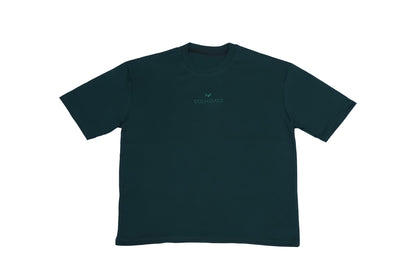 A dark green oversized T-shirt with a small logo on the front, displayed against a white background