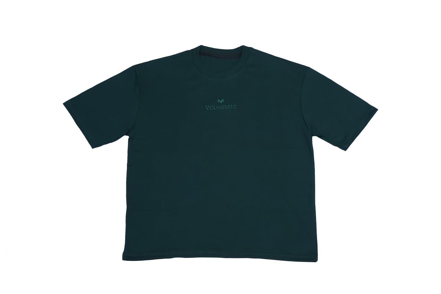 A spacious dark Green oversized T-shirt featuring the embroidered "voloxmine" logo at the center, showcased on a simple background.