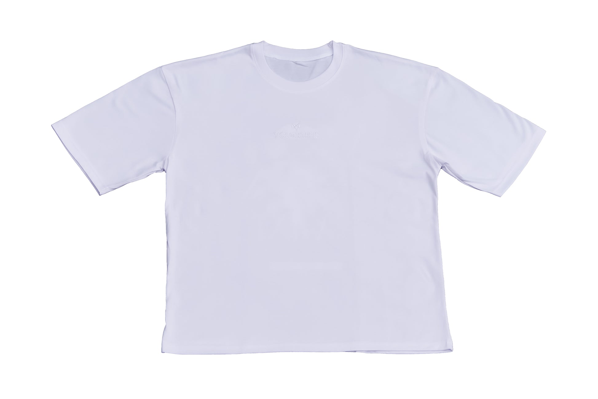 A white oversized T-shirt with a logo on the chest, displayed against a white background