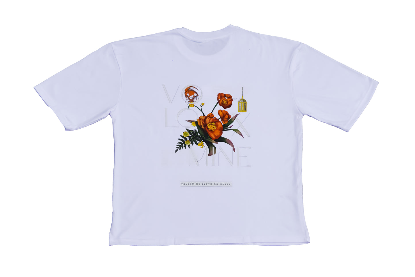An oversized white short-sleeve T-shirt featuring a floral design with orange flowers, green leaves, and a small hanging object, displayed against a plain background.