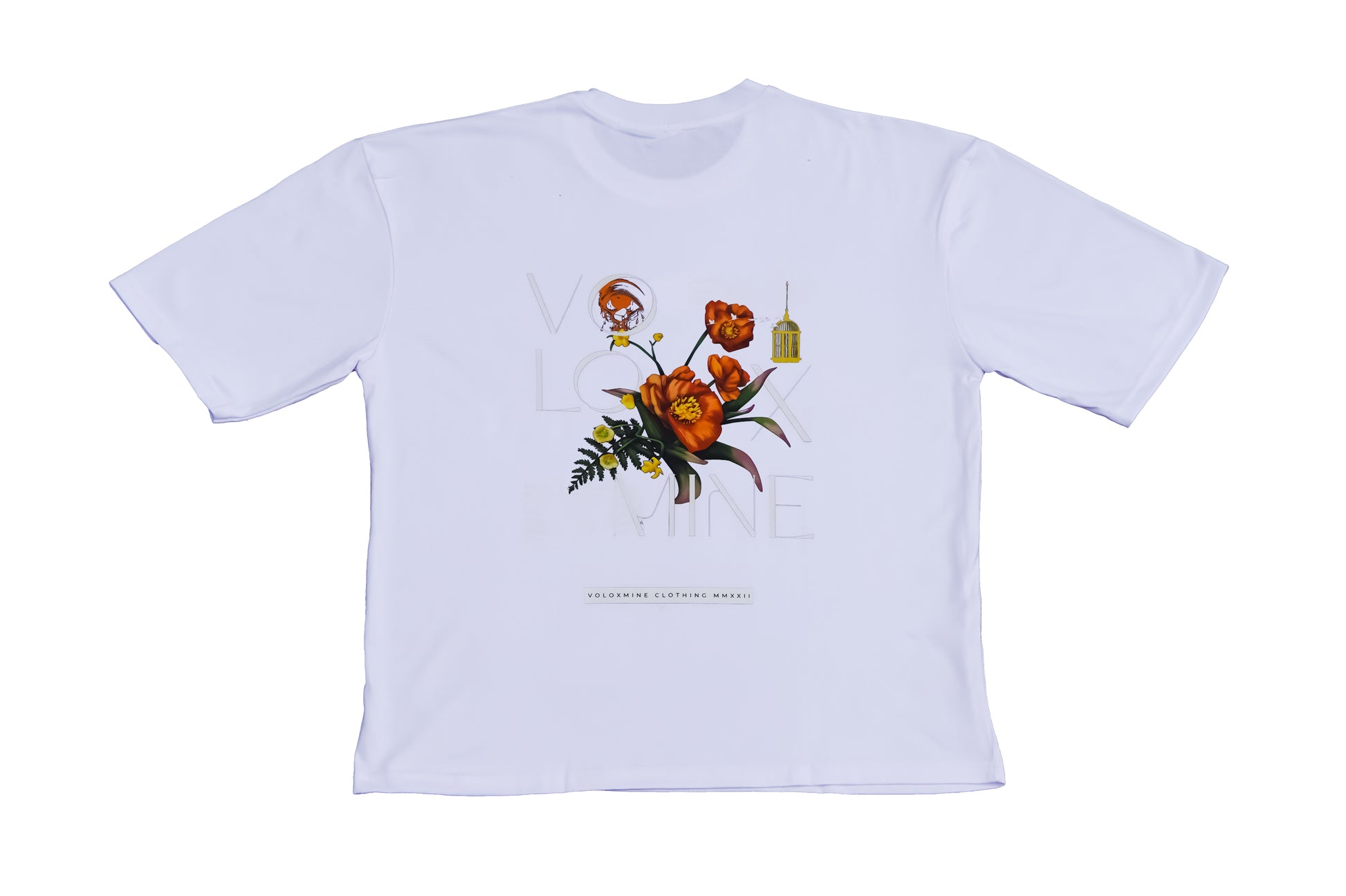 An oversized white short-sleeve T-shirt featuring a floral design with orange flowers, green leaves, and a small hanging object, displayed against a plain background.