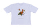 An oversized white short-sleeve T-shirt featuring a floral design with orange flowers, green leaves, and a small hanging object, displayed against a plain background.
